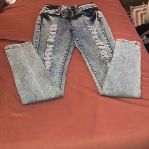 Distressed acid wash high waist jeans
